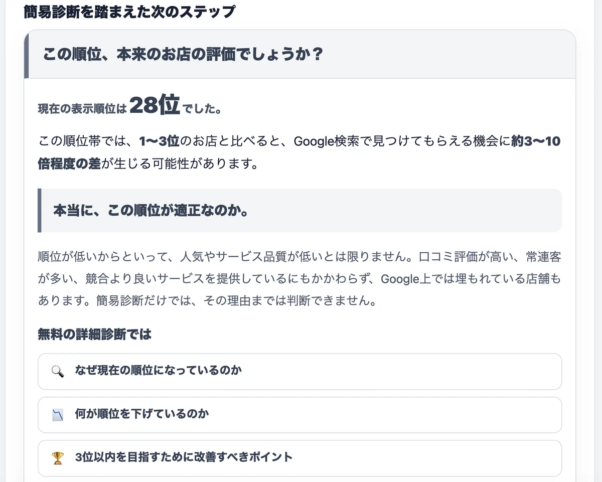 診断を踏まえた次のステップの案内。現在の順位と、詳細診断で分かることが箇条書きで示されています。
