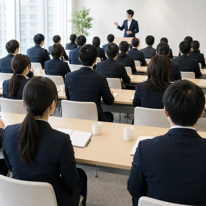 セミナールームで、講師の説明を聞きながらノートに向かう受講者