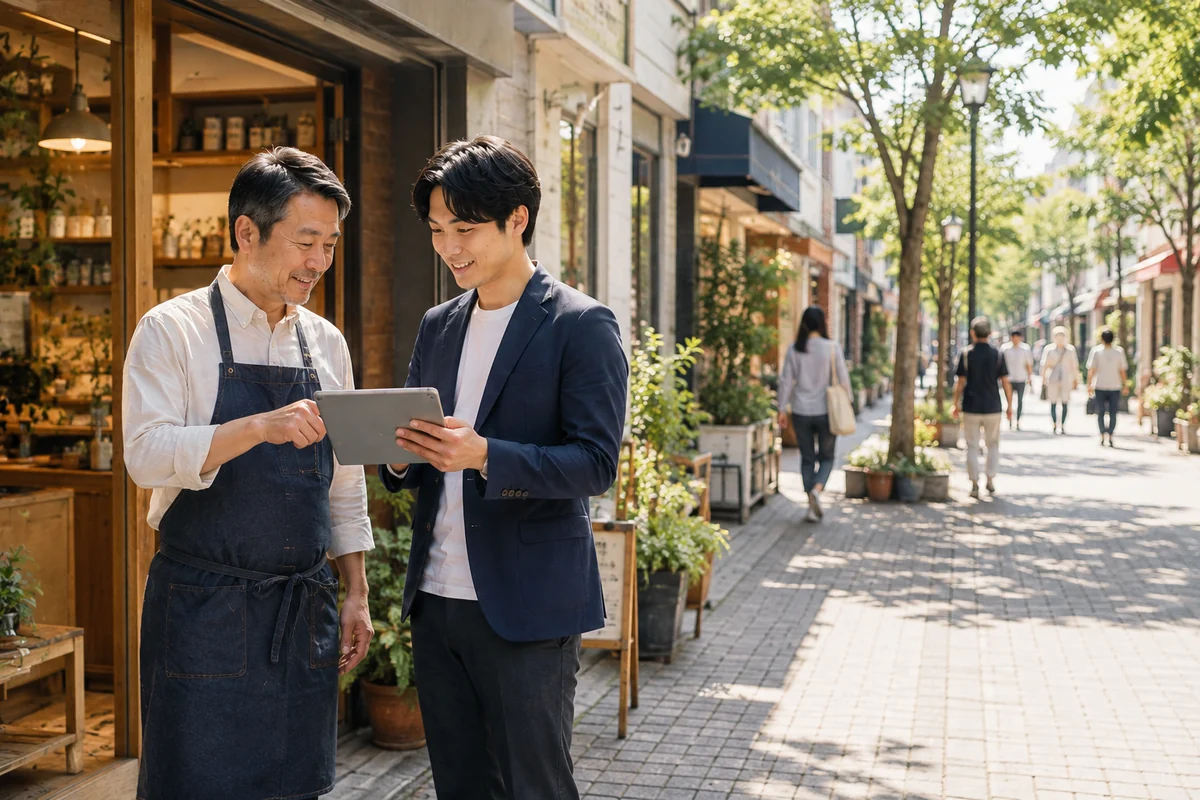 商店街の店先で、店主と担当者がタブレットを見ながら話している