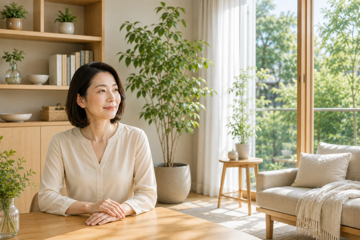 窓から緑が見える明るいリビングで、くつろいでいる女性
