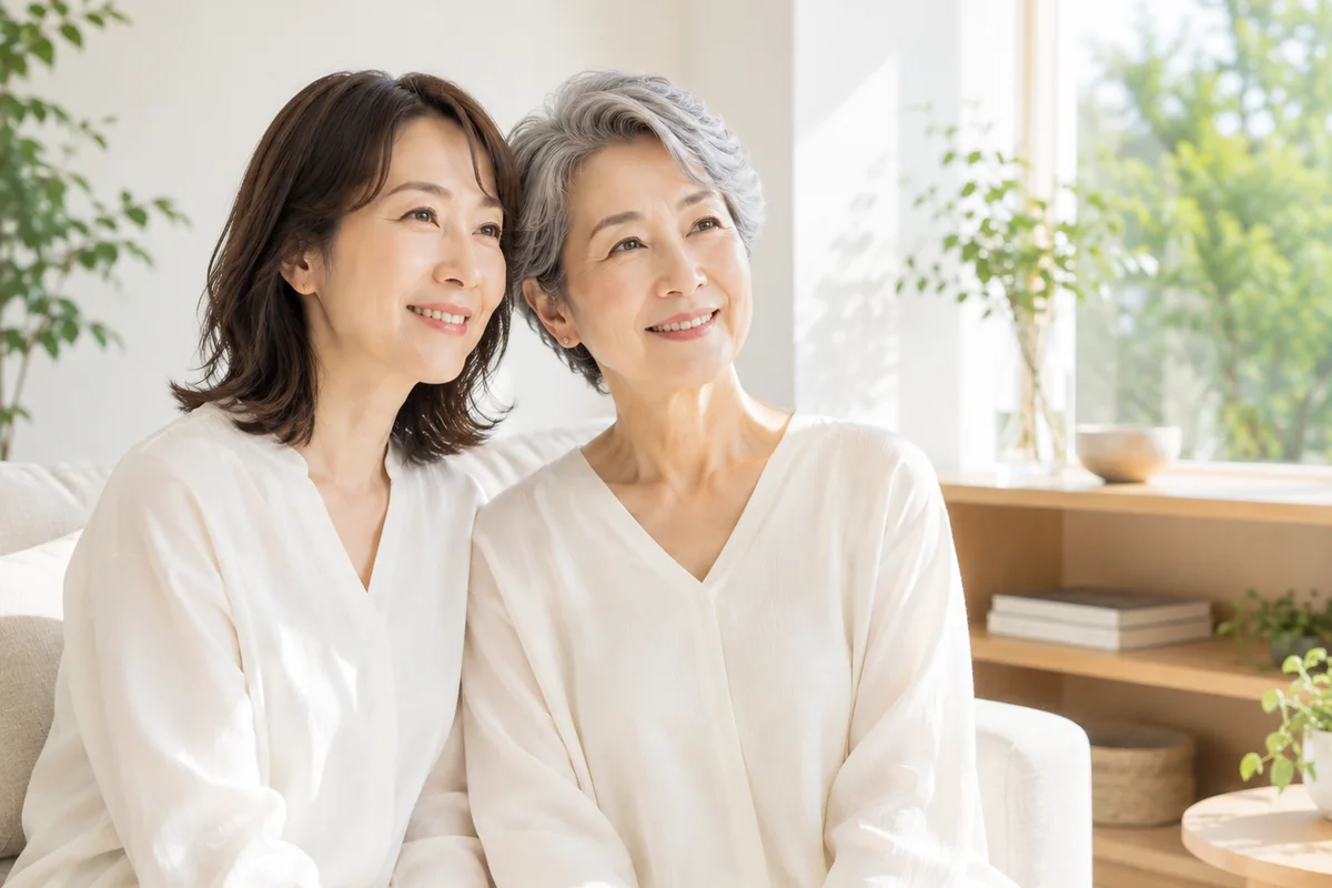 明るいリビングで並んで座り、同じ方向を見て笑っている世代の違う女性2人