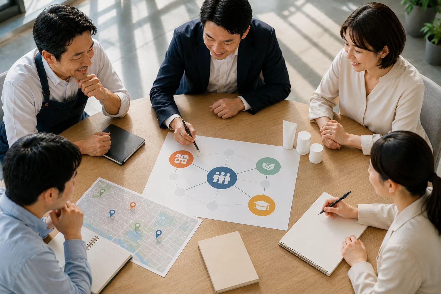 円卓を囲んだ5人が、店舗・植物・学帽の3つの印を人の印と線で結んだ図と、地図を見ながら話しています。
