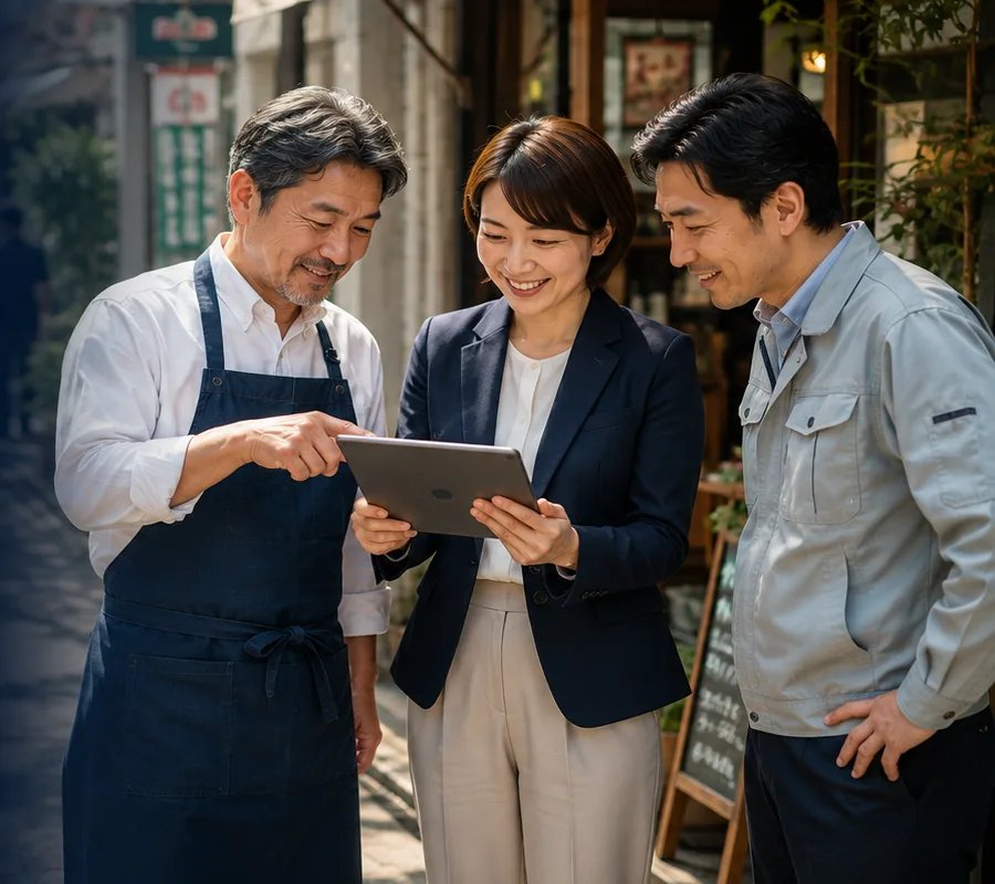 店先で、店主とAIGHの担当者と職人が、1台のタブレットを一緒に覗き込んでいます。