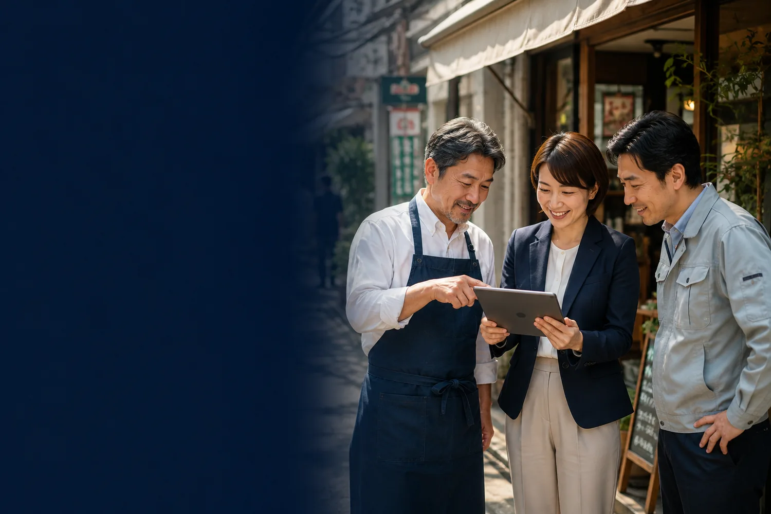 店先で、店主とAIGHの担当者と職人が、1台のタブレットを一緒に覗き込んでいます。